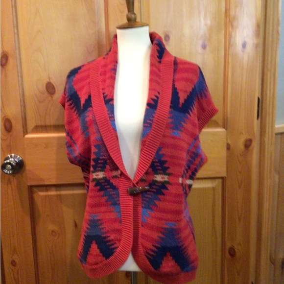 Chaps Ralph Lauren Red Aztec Print Shawl Collar Sweater Vest Size L* - Picture 2 of 8